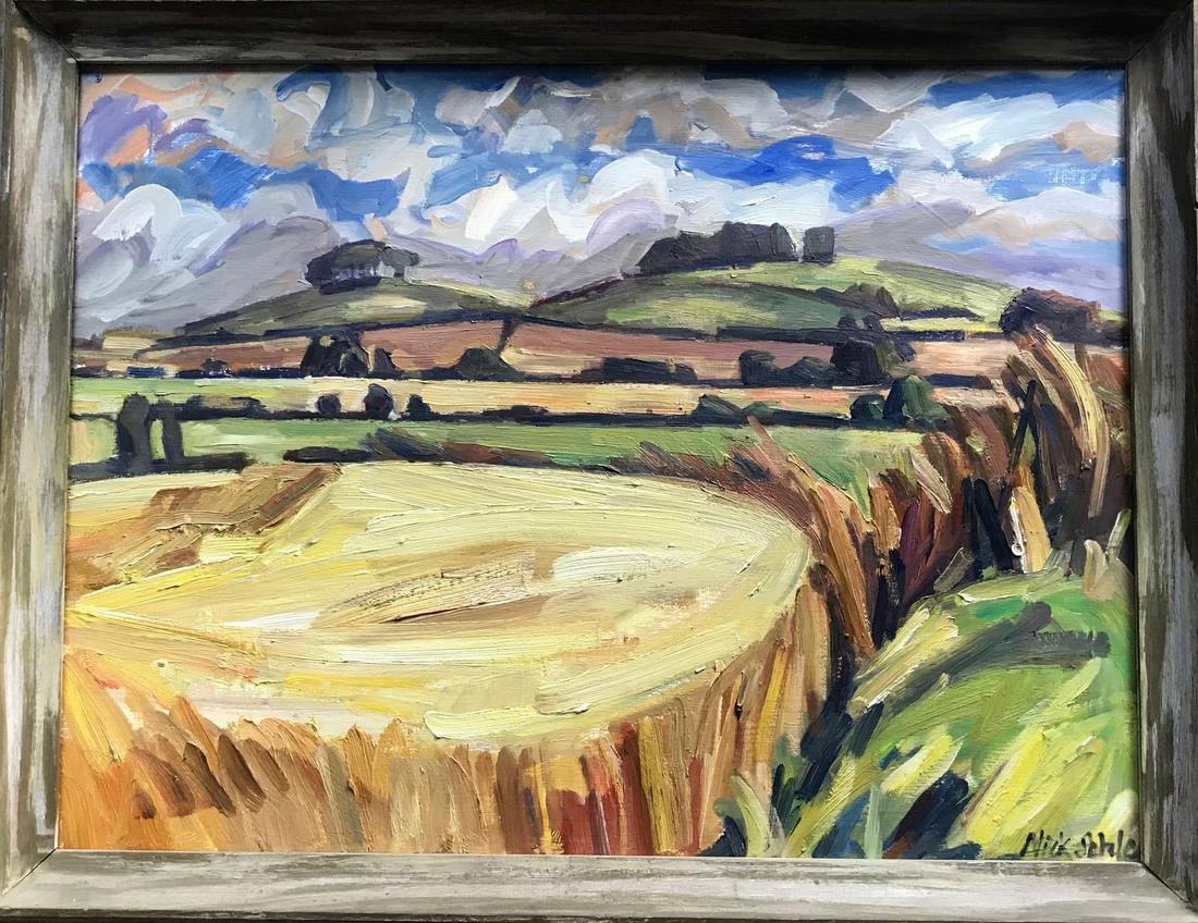 Nick Schlee (British,1931)Hay Field Landscape Painting: British landscape oil painting with hay field and distant hills, signed by the artist, NICK SCHLEE (lower right). Oil on board. Dimensions: framed: 21 1/2 in. x 26 3/4 in., board: 18 in. x 24 in. Cond