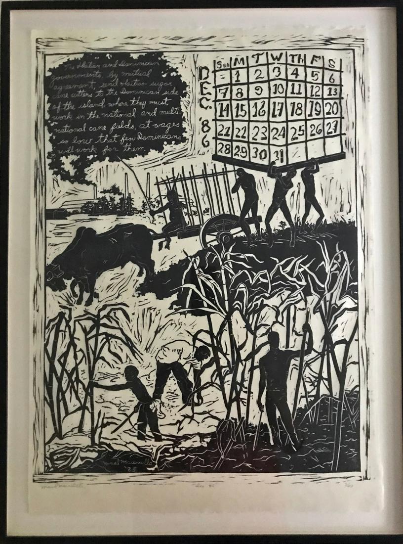Manuel Macarrulla (Dominican,1952) THE STUDY Linocut 85: Manuel Alejandro Macurrulla (Dominican, b.1952). Politically inspired linoleum cut, pencil signed and edition numbered 3/40 by the artist, Manuel Macarrulla. Depicts the plight of Haitian workers in t