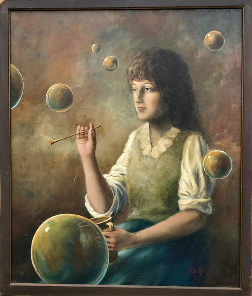American Oil Painting Blowing Bubbles Signed Ca 1950s Aug 26