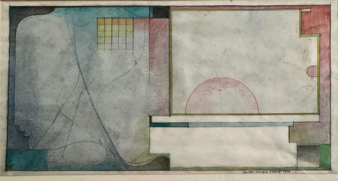 Carlton Sturges Abbott (American,1939) Drawing 1979: Carlton Sturges Abbot (American, b.1939) Architect. Original abstract drawing, signed and dated by the artist, Carlton Sturges Abbott, 1979. Graphite and pastels on vellum paper. Dimensions: 10 in. x
