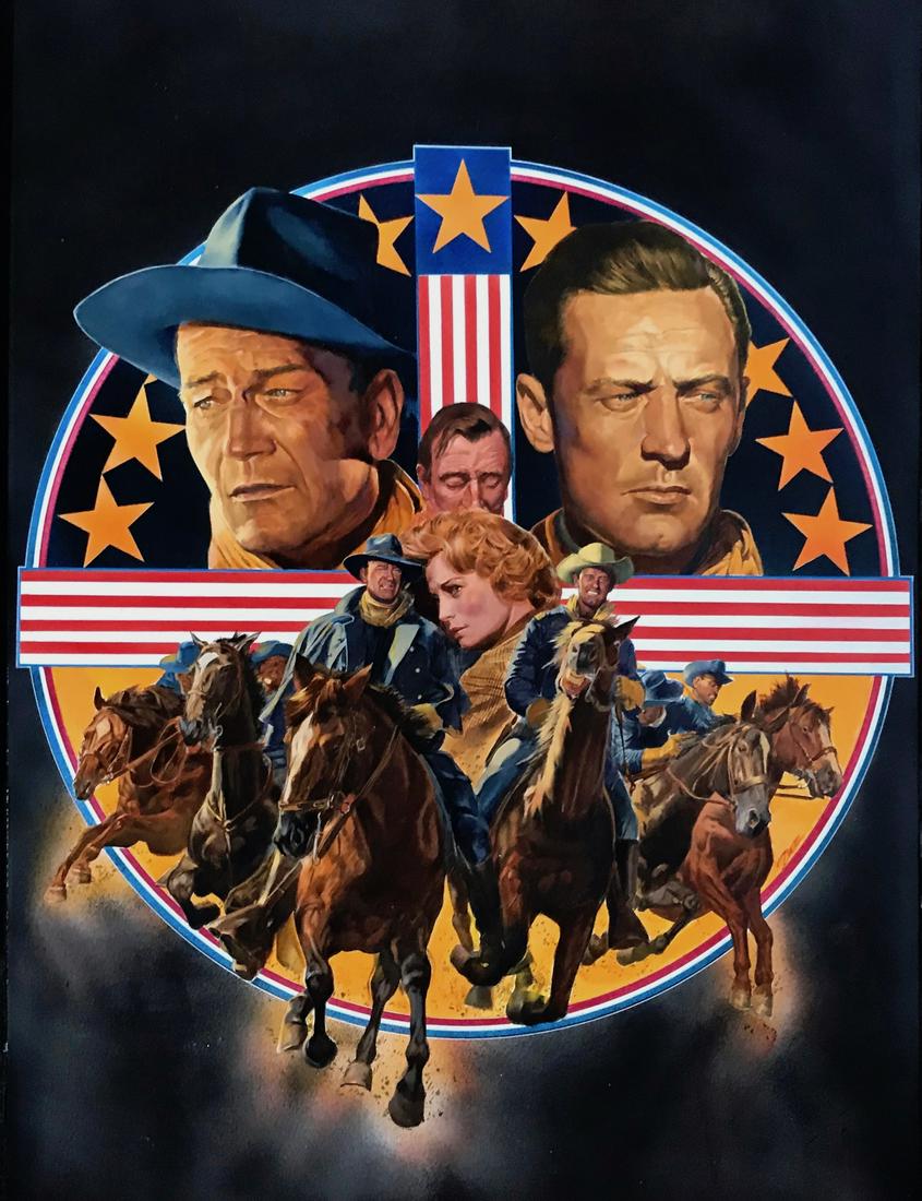 DIETZ Western Illustration JOHN WAYNE, HOLDEN, TOWERS: THE HORSE SOLDERS. Original Illustration Painting THE HORSE SOLDIERS starring John Wayne, William Holden and Constance Towers signed by the artist, Dietz. James Dietz (American, 20th century). Mixed m