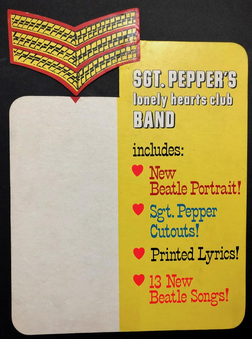 BEATLES Sgt. Pepper Album Release Store Promotion, 1967: The Beatles original promotional in-store counter advertisement for the release of their vinyl record Sgt. Peppers Lonely Heart Club Band Album, 1967. Original standing canary yellow hard artist board
