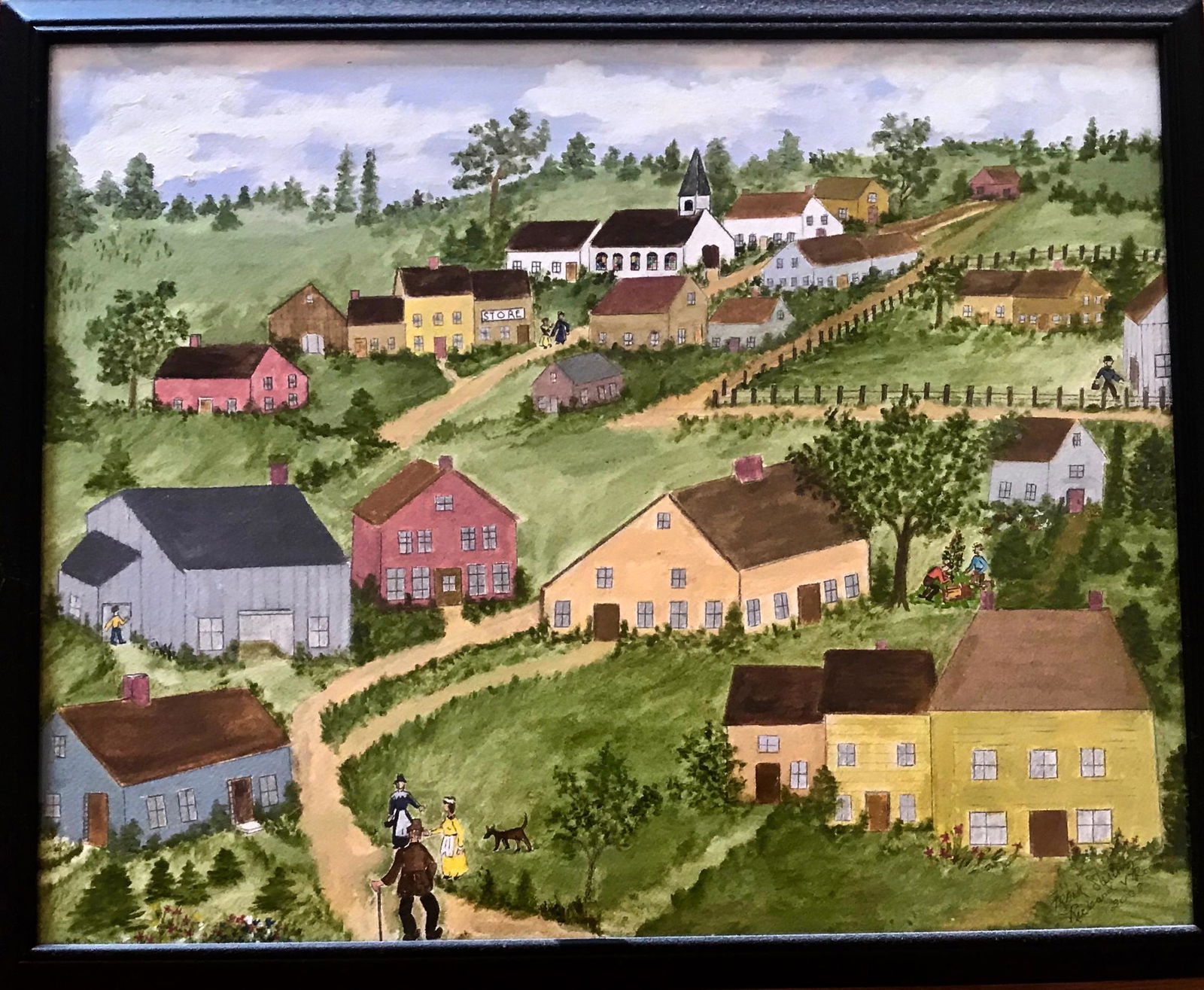 American Folk Art Country Village Painting, Signed (1 of 3)