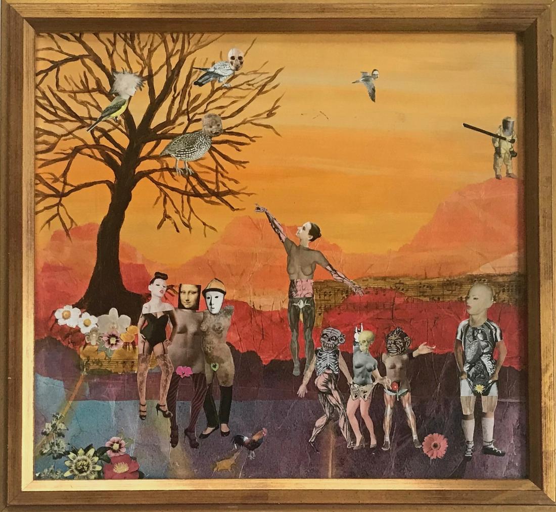 Surreal Fantastique Erotic Collage w/ Bird Humanoids: Whimsical Surreal collage landscape painting with avian humanoids. Erotic Surreal figural landscape. Circa: 1960s. Gouache and paper on board, framed under glass. Dimensions: framed: 17 1/2 in. x 19 i