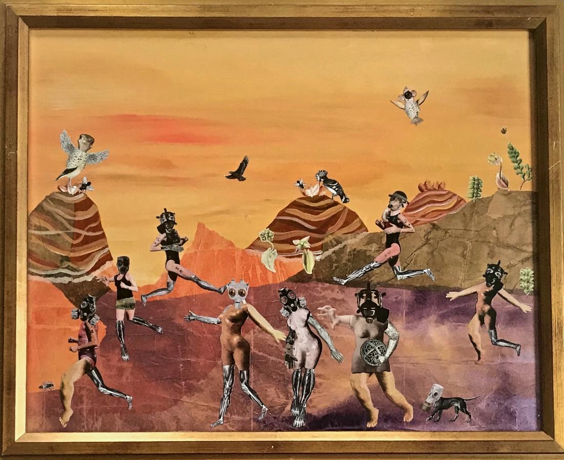Surreal Erotic Futurist New World Painted Collage: Surreal whimsical landscape erotic painted collage GAS MASKS. Circa: 1960s. Erotic figural landscape with gas masks. Gouache with paper collage, under glass. Dimensions: framed: 18 1/2 in. x 21 3/4 in