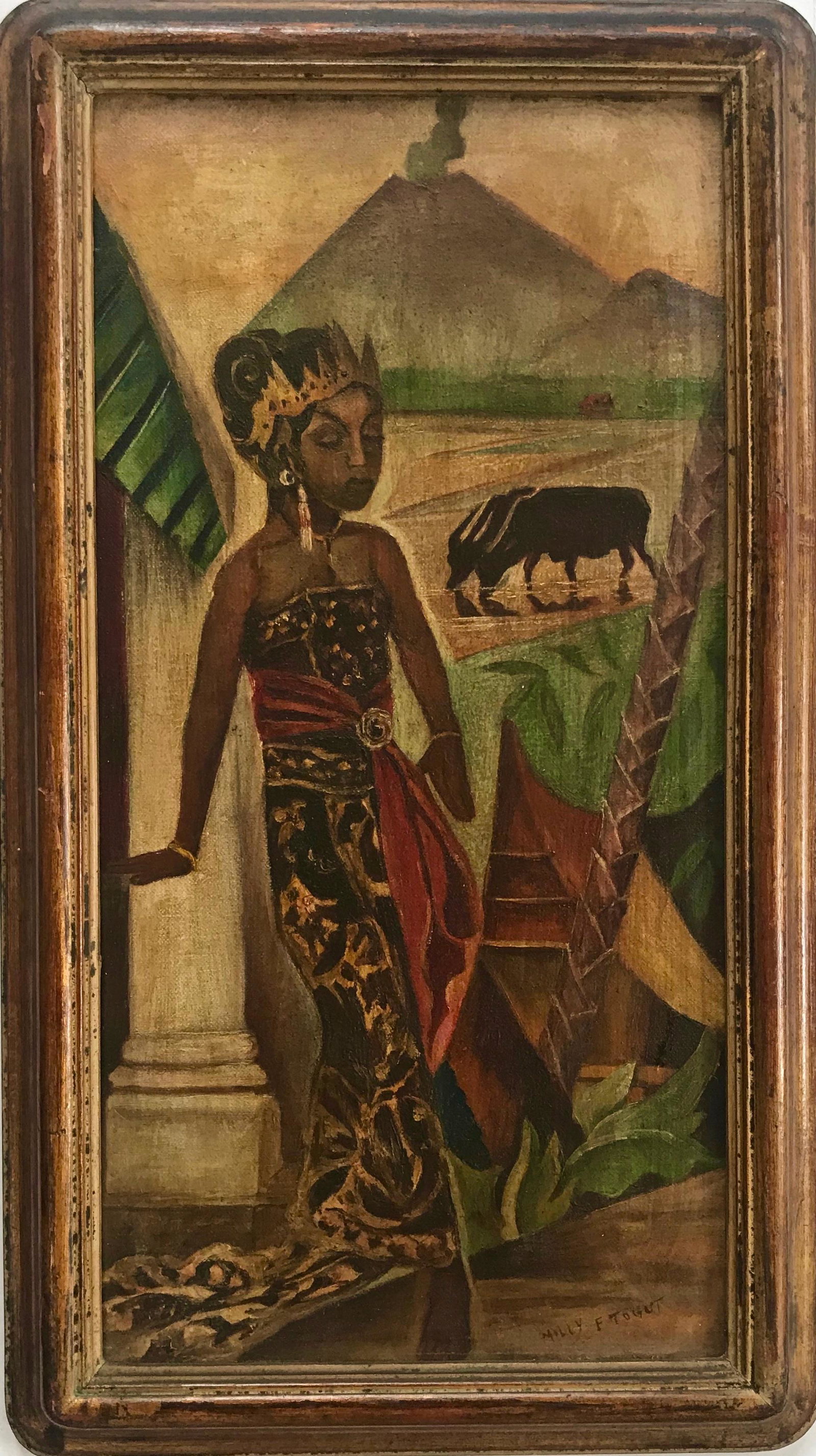 Indonesian Landscape w/ Ricefield and Volcano M.Togut: Indonesian School landscape oil painting signed by the artist, Millie F. Togut. Image of a traditionally dressed woman within a background of rice paddies and a distant smoldering volcano. Circa 1930s