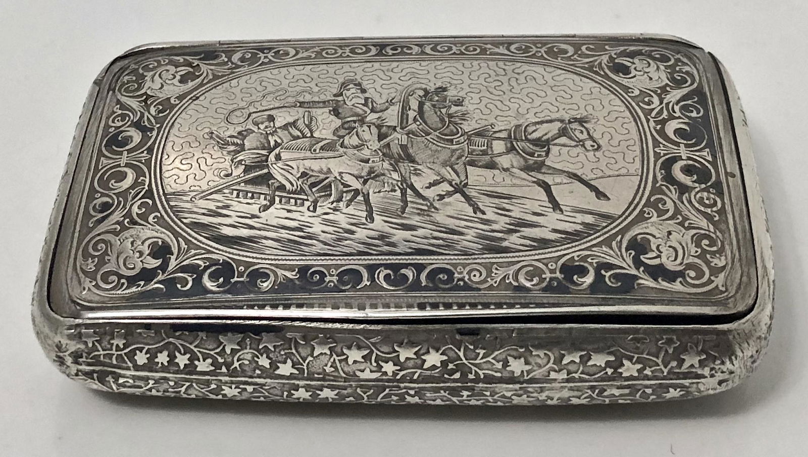 19th C. Russian Silver Niello Snuff Box TROIKA (1 of 11)