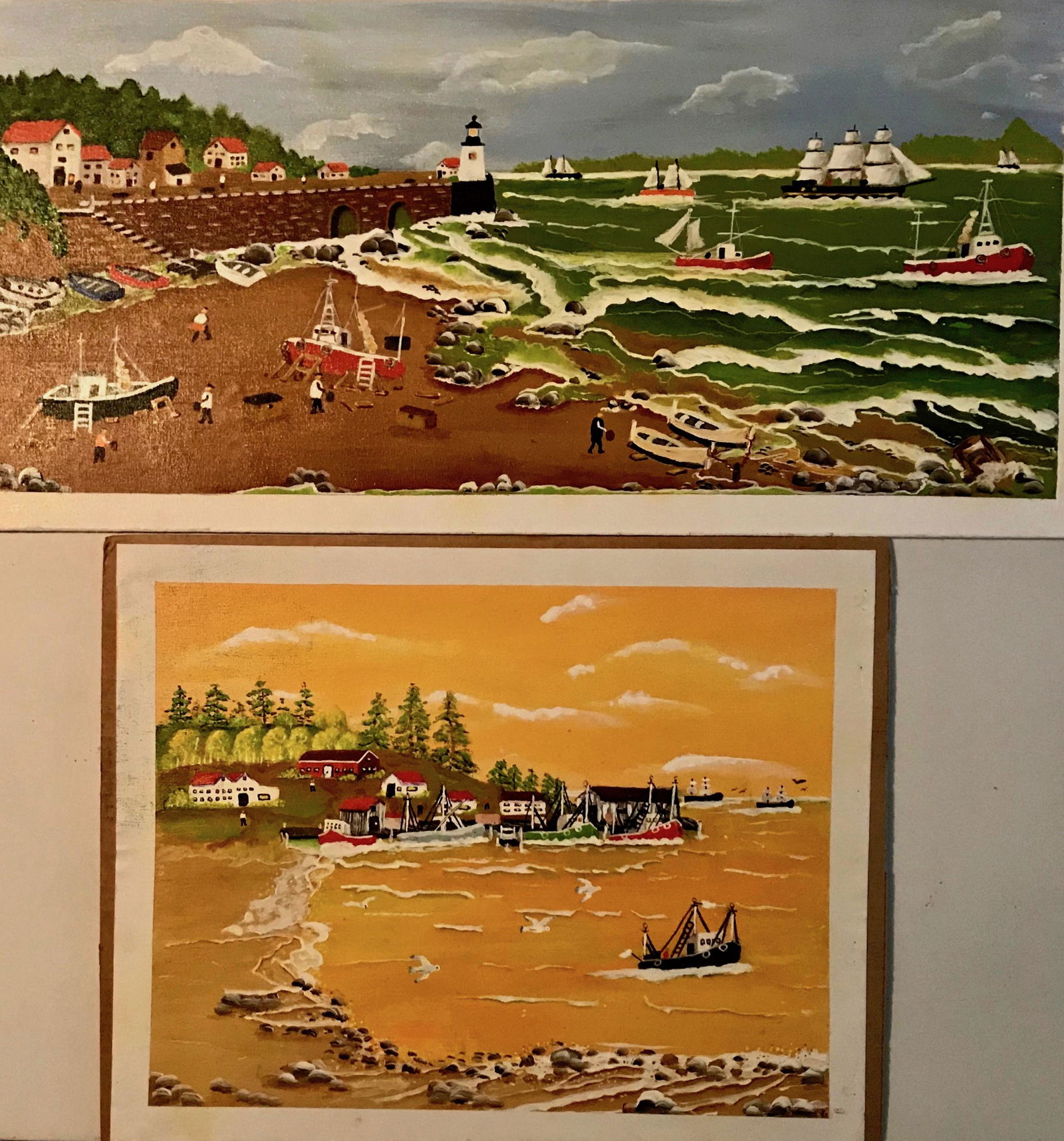 Seaside Fishing Village Folk Art Oil Paintings 1960s (1 of 3)
