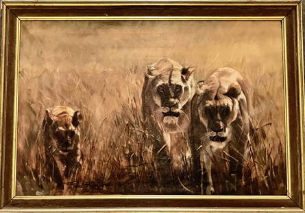 STALKING THE PREY Oil Painting, Paul Richards: Paul Richards (British, b.1949). Stalking the Prey oil painting, signed lower right by the artist, Paul Richards. Lions in a landscape setting. Oil on canvas. Dimensions: framed: 40 in. x 30 in., canv