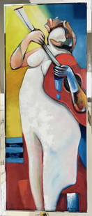 Modern Abstract Painting GUITARIST Medina: Framed abstract figural oil painting signed by the artist, R. Medina (view additional information on verso).Oil on canvas.Custom metallic frame.Dimensions: framed: 23 1/4 in. x 53 in., canvas: 20 in.