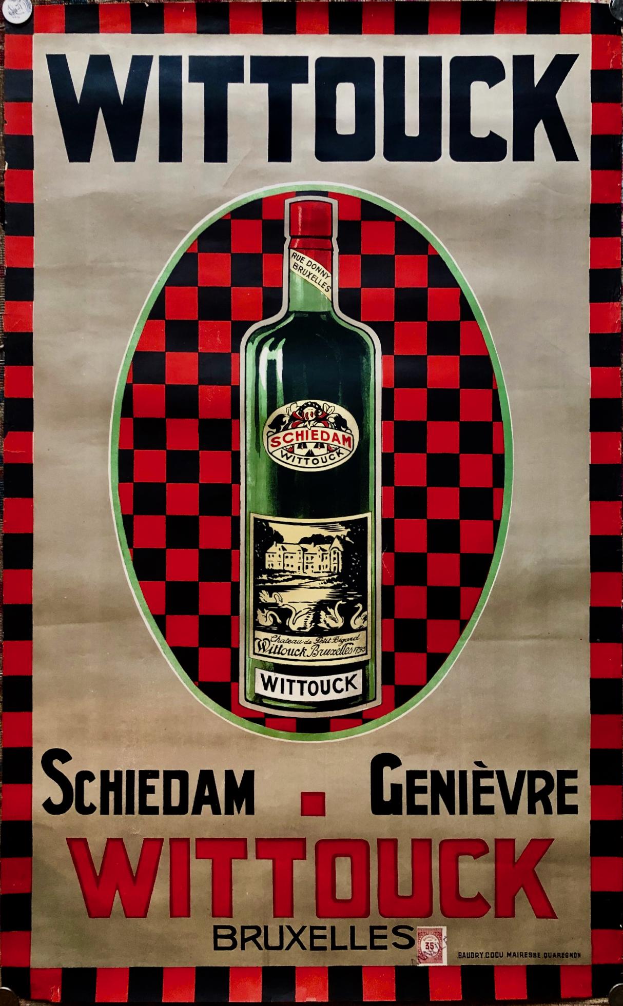 WITTOUCK Wine & Spirits Advertising Poster,1935: Original vintage Belgian advertisement poster WITTOUK WINE & SPIRITS. Year 1935. Dimensions: 25 in. x 39 in. Offset color lithograph. Condition: good original vintage condition, light handling. Proven