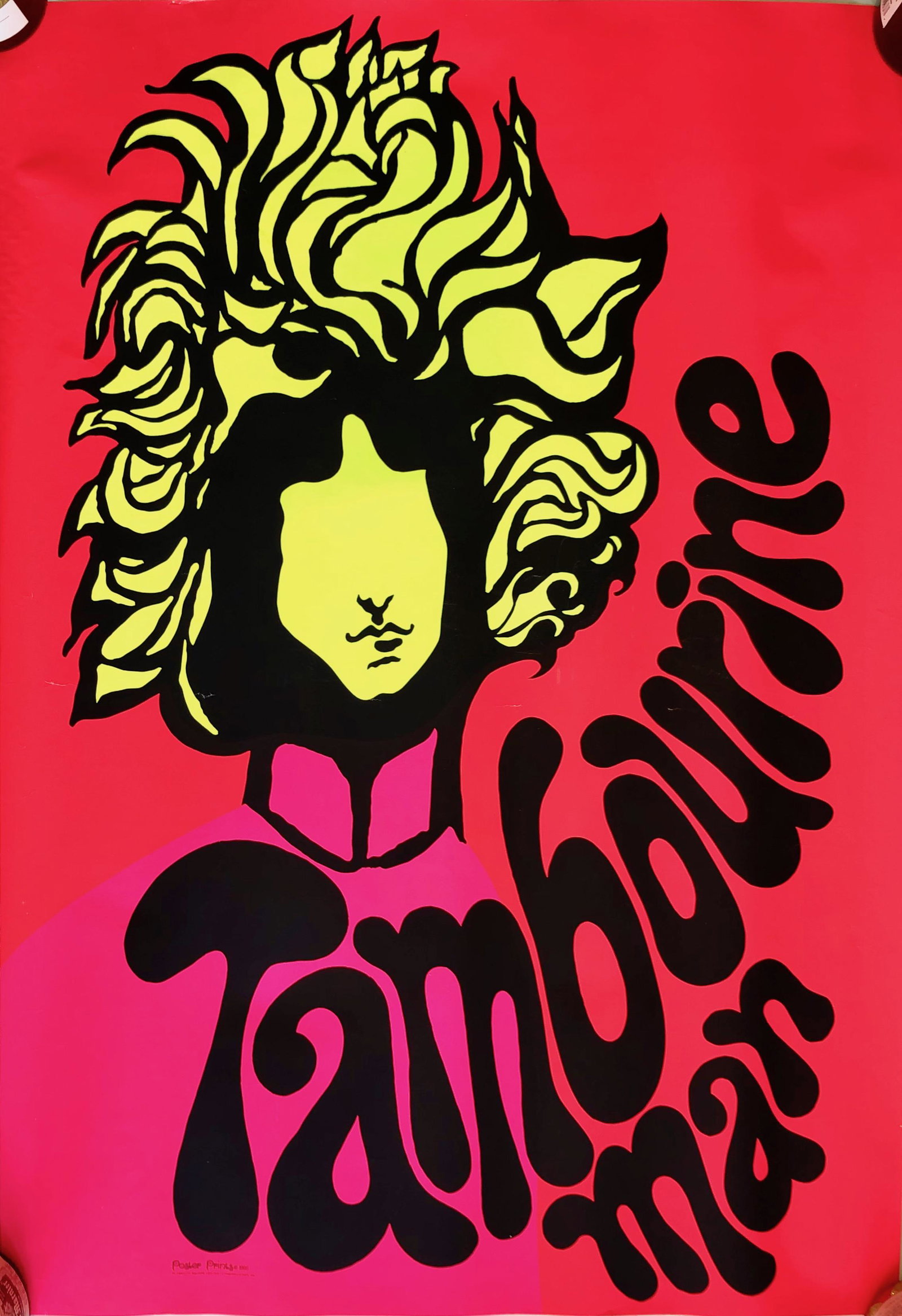 DYLAN Tambourine Man Blacklight Poster, D. Shupe 1969: Original Bob Dylan, Mr. Tambourine Man. blacklight head shop poster. Created by Dan Shupe. Publisher: Plymouth Square Center, Conshohocken PA1969. Dimensions: 23 in. x 35 in. Condition: good original