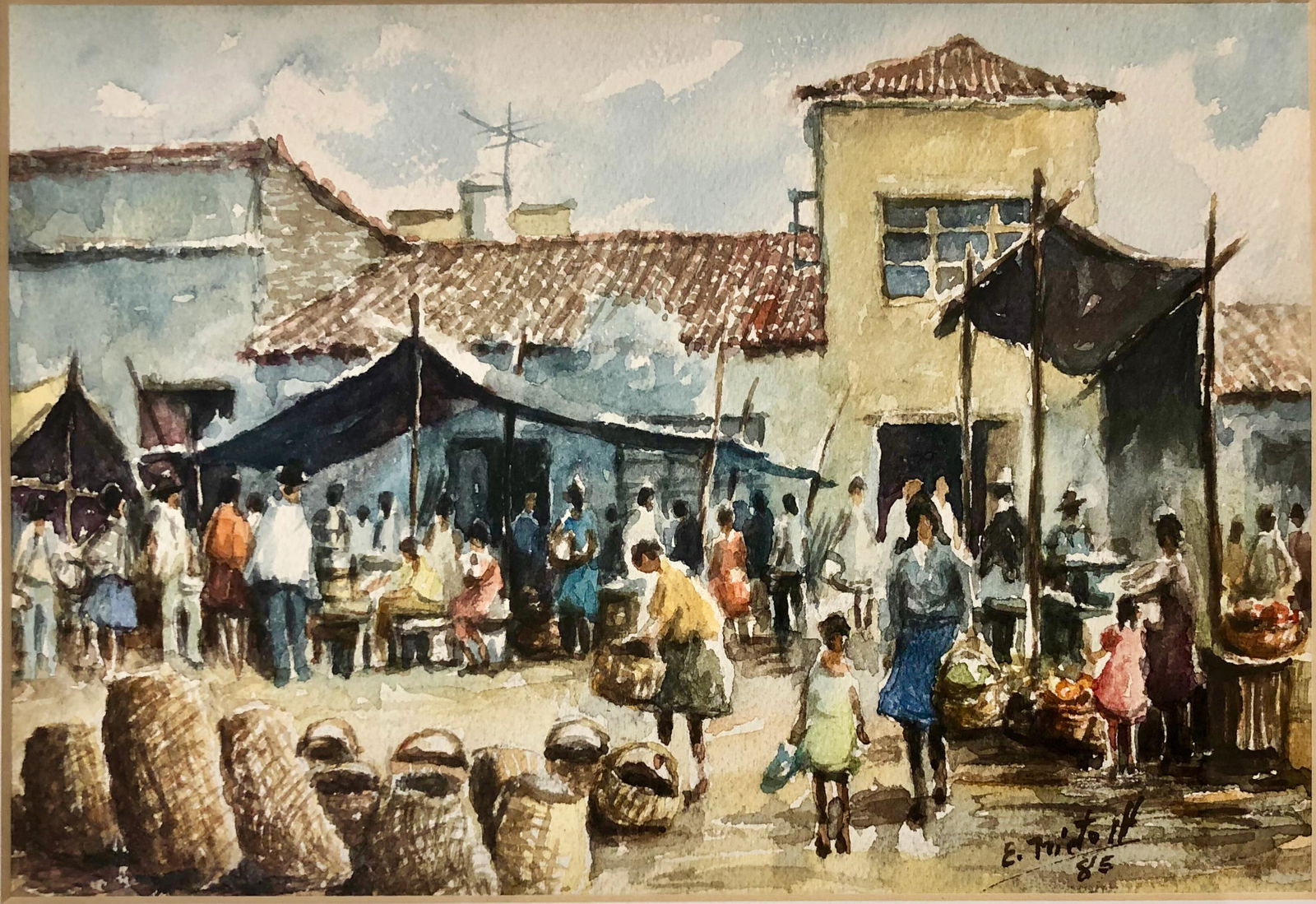 Haitian Folk Art MARKET Painting, Signed 1985 (1 of 5)