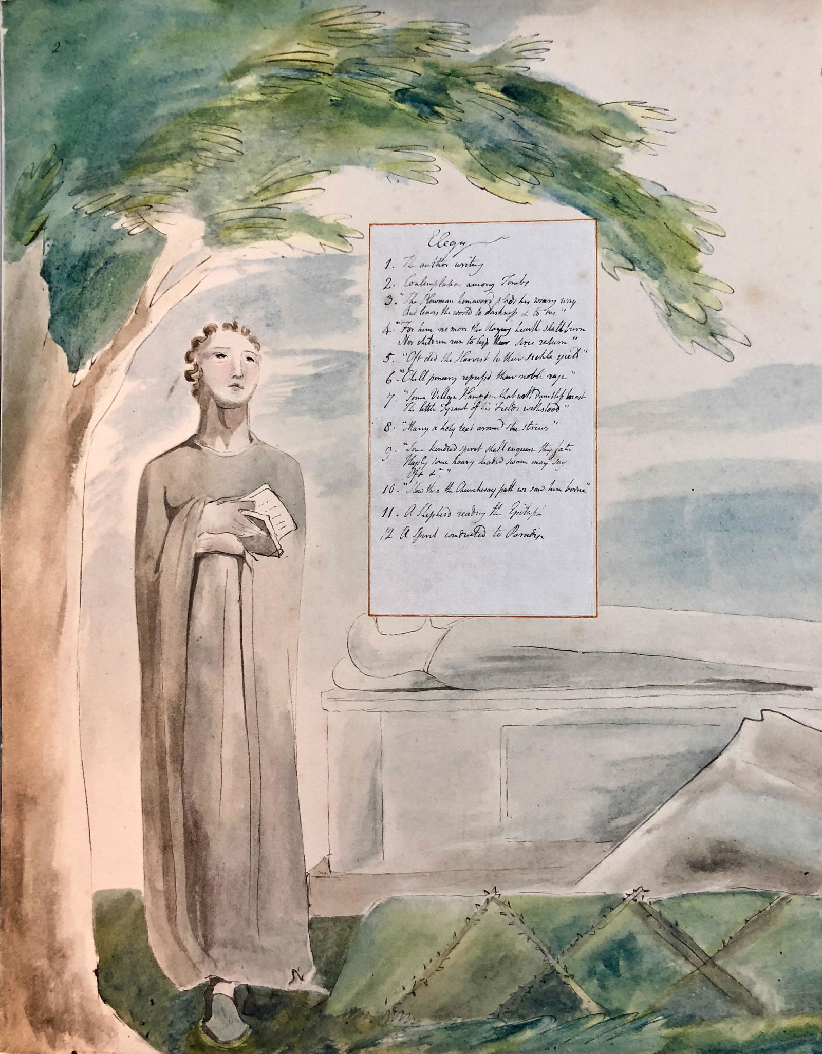 The Poems of Thomas Gray Watercolors After W. Blake: THE PROGRESS OF POESY / POEMS OF THOMAS GRAY. Collection of four watercolors after William Blake (1757-1827). Watercolors on hard stock paper. Dimensions: 16 1/2 in. x 12 3/4 in. Artist unknown. Condi