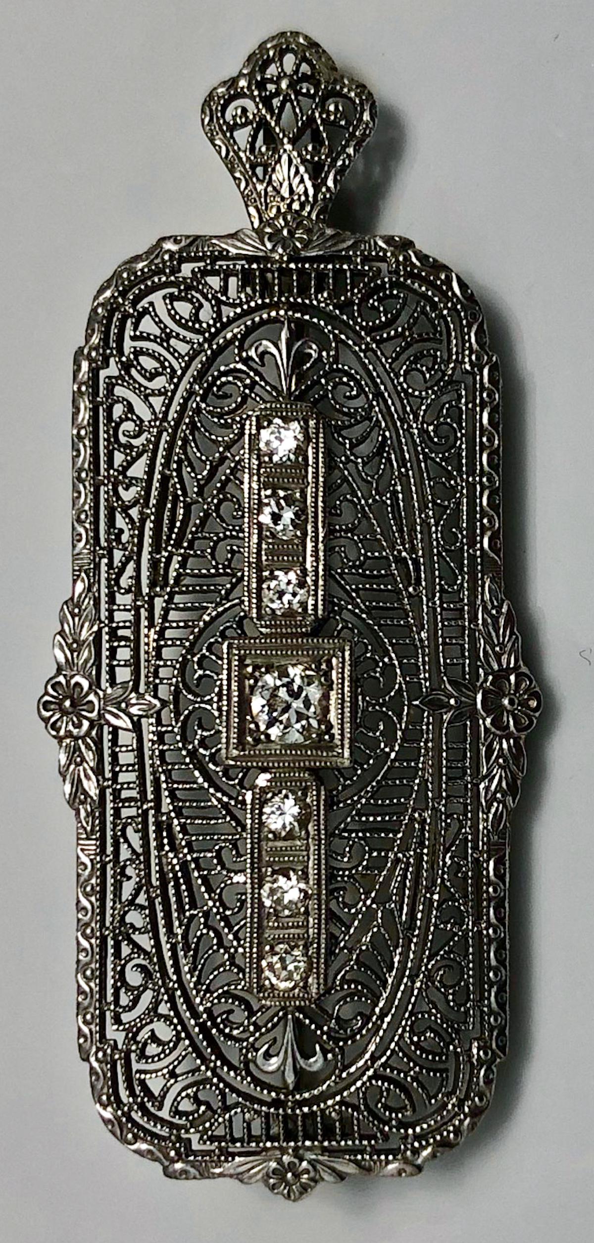 Art Deco14k Gold & Diamond Filigree Brooch Pendant (1 of 3)