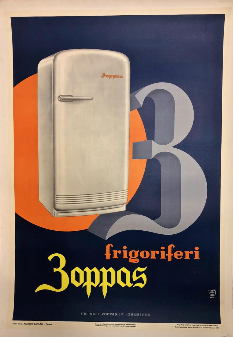 Advertisement Poster BOPPAS FRIGORIFERI Sabi 1953: Mid-Century linen backed Italian advertisement poster BOPPAS FRIGORIFERI. Color lithograph. Year: 1953. Dimensions: Linen backed: 40 in. X 28 3/4 in., Poster: 38 in. x 26 3/4 in. Condition: good overa