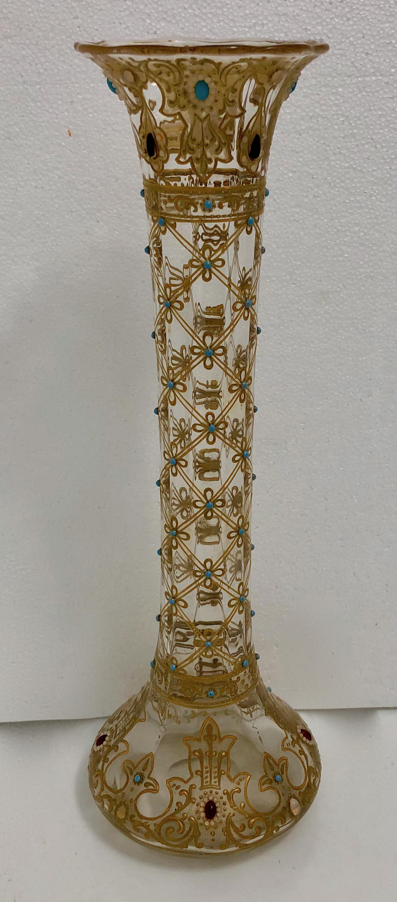 Bohemian Jeweled Gilt Enamel Glass Vase, 19th Century: Late 19th century Czech Bohemian jeweled and gold gilt enamel art glass vase. Dimension: Height: 15 1/2 in. Condition: good condition, no chips or repairs. Provenance: private estate.
