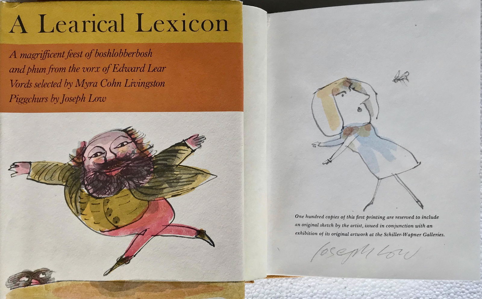 Learical Lexicon w/ Original Drawing By Joseph Low 1985: A Learical Lexicon: from the works of Edward Lear selected by Myra Cohn Livingston and illustrated by the artist, Joseph Low (American, 1911-2007). First printing limited to 100 copies with an origina