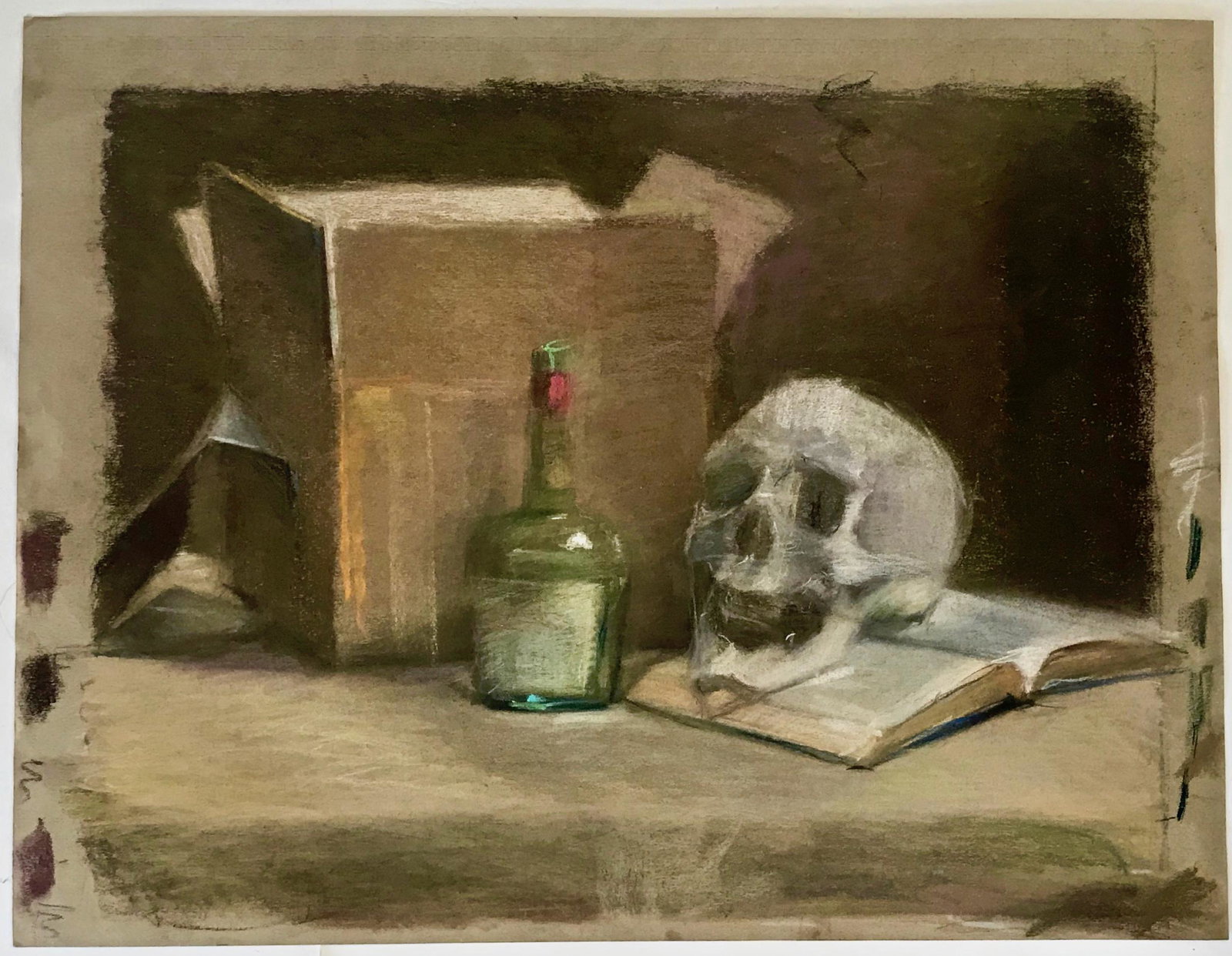 Vanitas Still Life Painting With Skull: Momento Mori. Original Vanitas still life painting with skull. Image of skull resting on open book with bottle of wine and open box arranged upon a tabletop. Dimensions: 20 in. x 25 1/2 in. Charcoal o