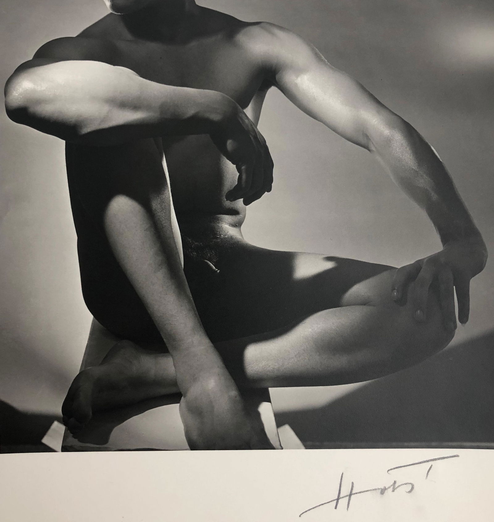 Horst P. Horst Signed Gelatin Silver Print MALE NUDE: Original gelatin silver print Male Nude signed by the photographer: HORST. Signed in pencil on the lower right margin Horst. Horst copyright credit stamp on verso and lower right marked in pencil N.Y.