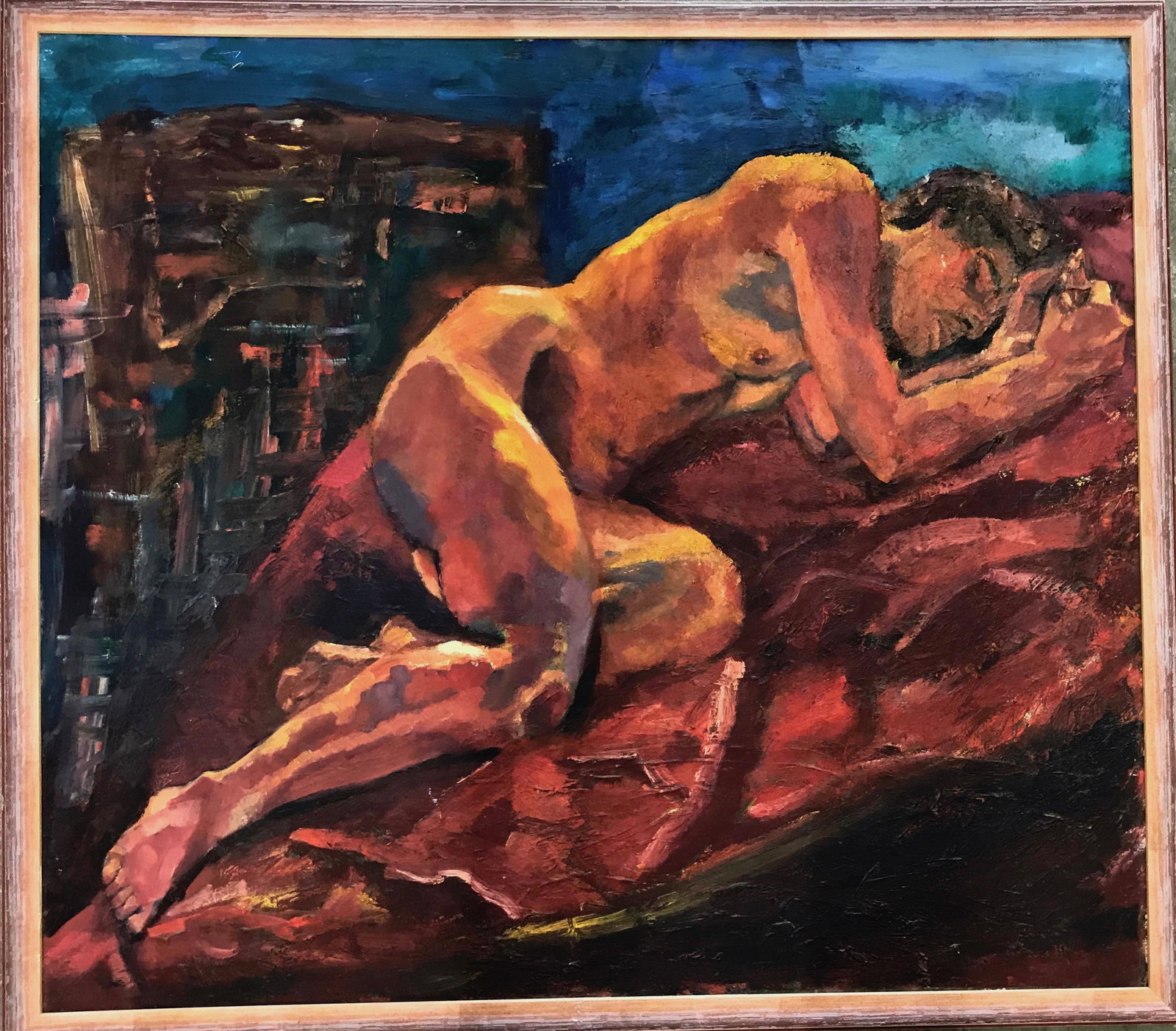 Mid-Century Male Nude Figural Painting: Framed modernist oil painting of a reclining man in abstraction. Oil paint on canvas board. Dimensions: framed: 33 3/4 in. x 38 in., canvas board: 32 in. x 36 in. Unsigned. Condition: good original fr