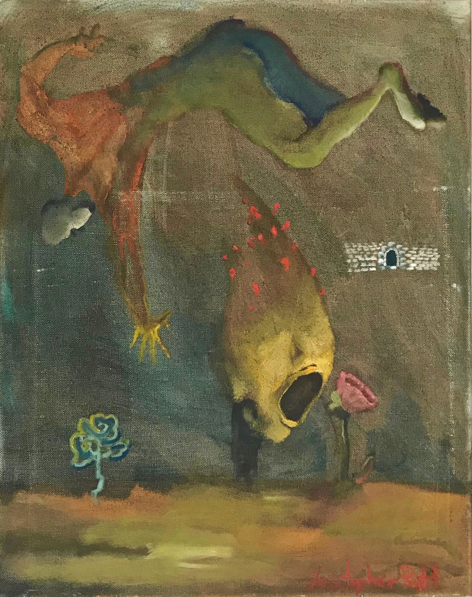 Surrealist Figural Painting DREAMING Christopher Pratt: Surreal fantasy painting signed by the artist, Christopher Pratt (lower right). Underwater figural fantasy. Oil on canvas. Dimensions: canvas: 16 in. x 20 in. Condition: good original unframed estate