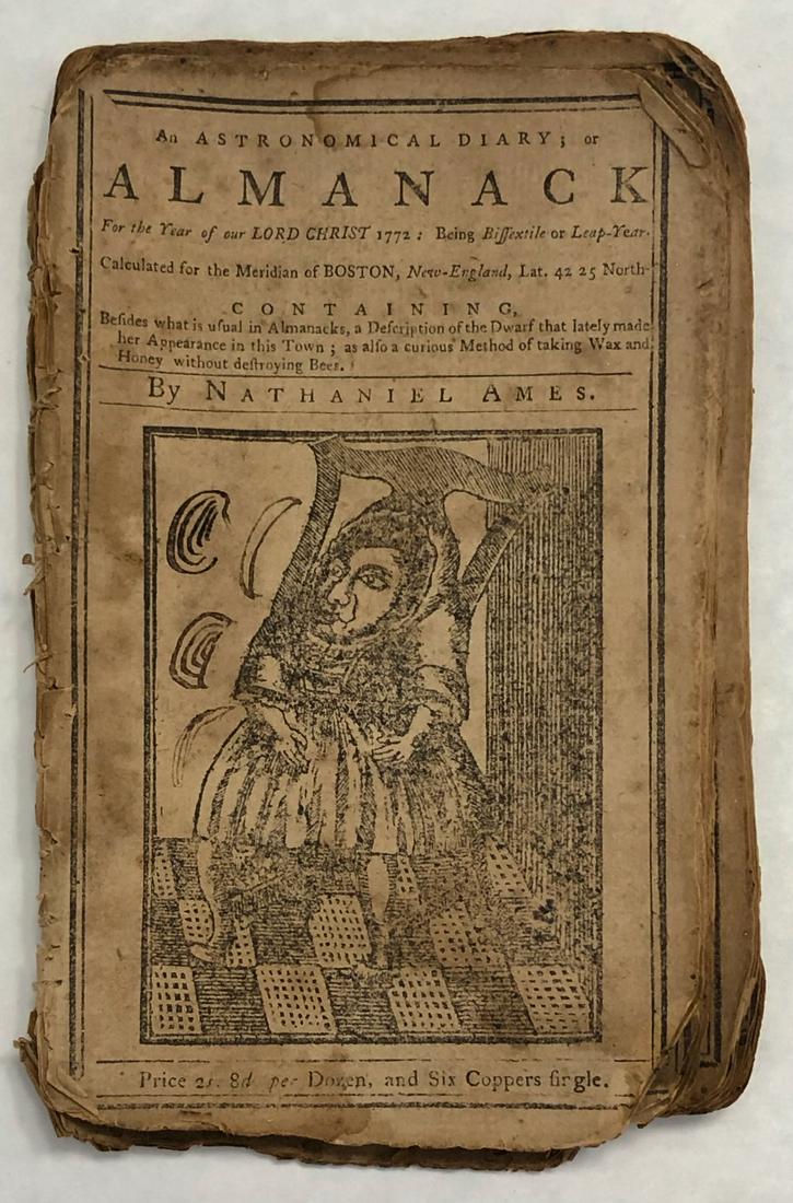 ASTRONOMICAL DIARY Ames; Revere Woodcuts 1772: Sammelband of Colonial American Almanacks for the years 1772, 1774 and 1775. 1) An Astronomical Diary or Almanack for the Year of our Lord Christ 1772, by Nathaniel Ames containing three original wood