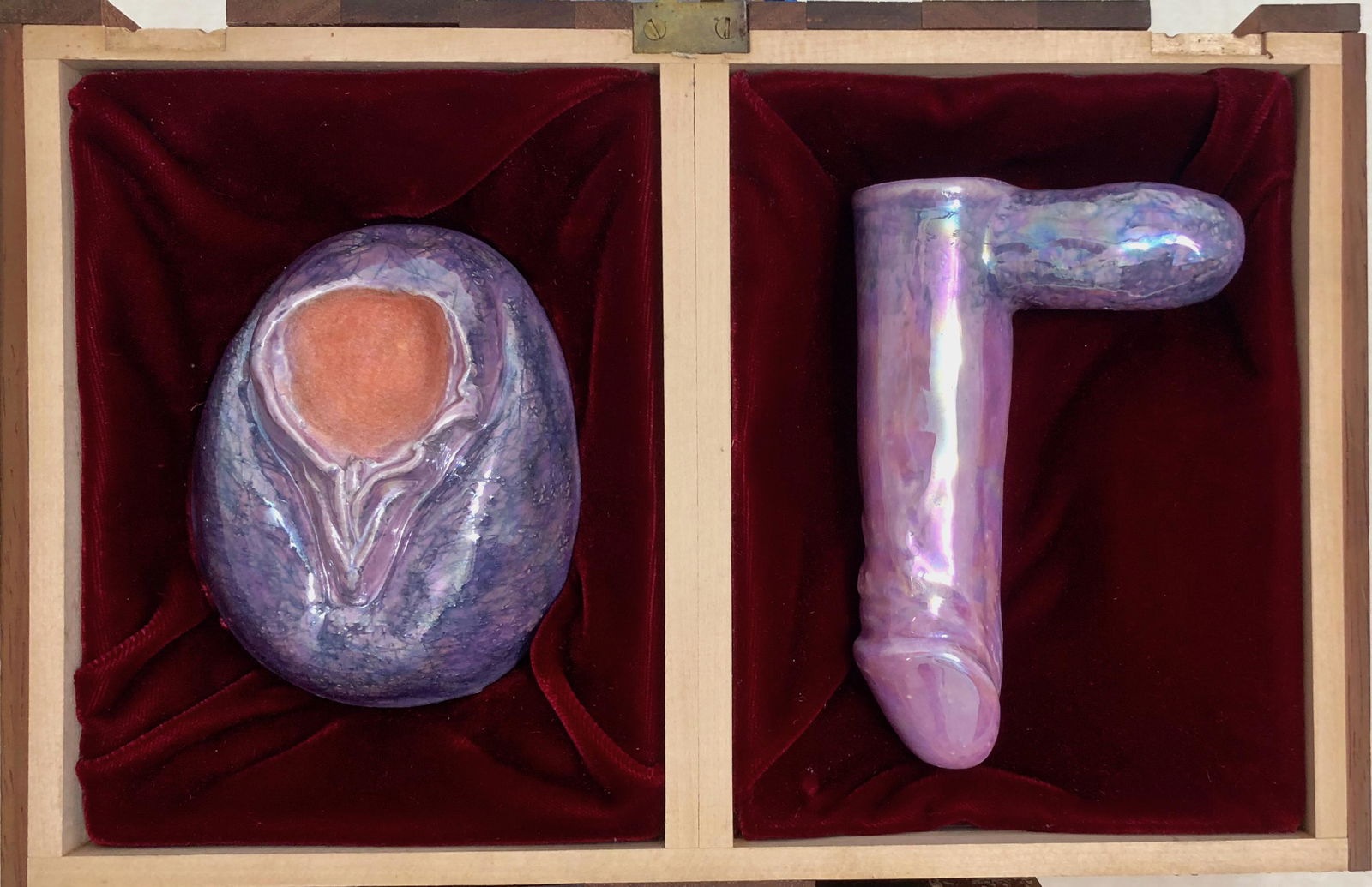 Erotic Studio Ceramic Cup Set, Kaltenbach / Walburg: Anniversary Cup Set by the artists, Stephen J. Kaltenbach, Gerald Walburg, 1970s. Cased in a wood presentation box with a glazed ceramic penis and vagina. Stephen Kaltenbach (American, b.1940) Gerald