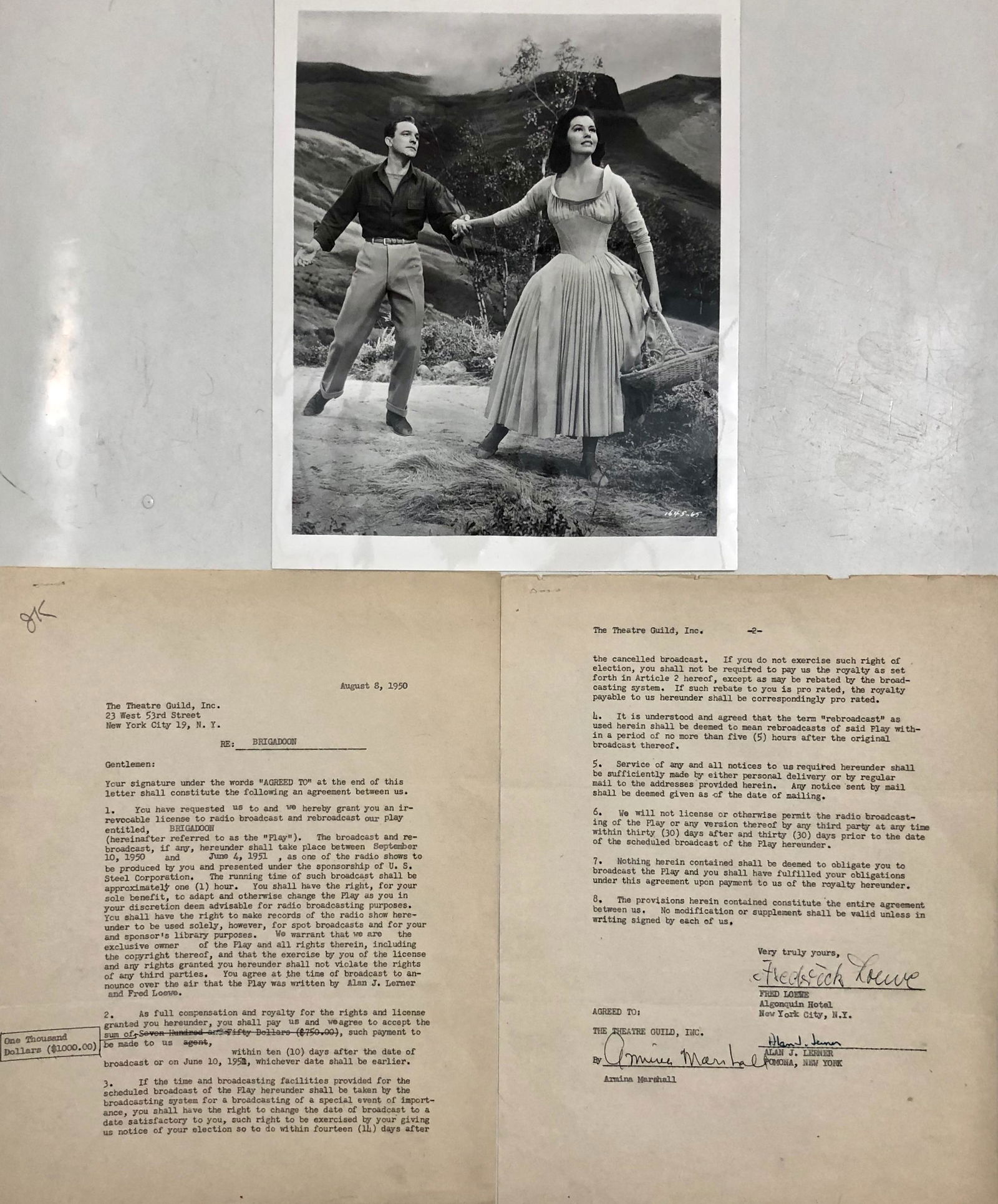 BRIGADOON Lerner & Loewe Signed Contract & Photo 1950: Composer Alan Lerner and Lyricist Frederick Loewe original signed contract between The Theater Guild of New York for their radio rights to their musical BRIGADOON to be aired as a radio broadcast and