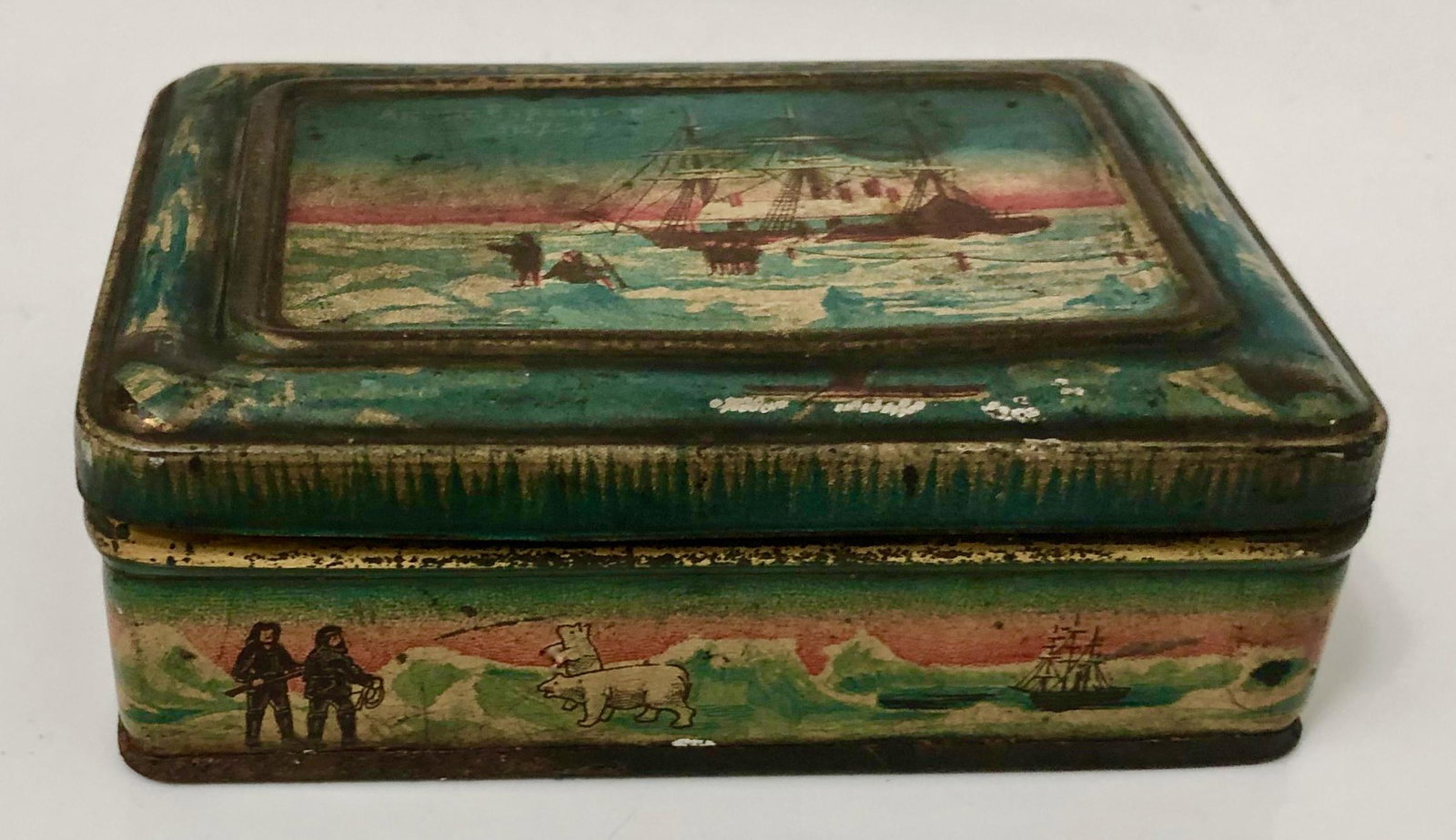 Commemorating British Arctic Expedition 1875-1876: Antique 19th century Mustard Tin Commemorating the British Arctic Expedition of 1875-1876 led by explorer Sir George Strong Nares. Chromolithograph illustration to lid and sides: Hunting polar Bears, 