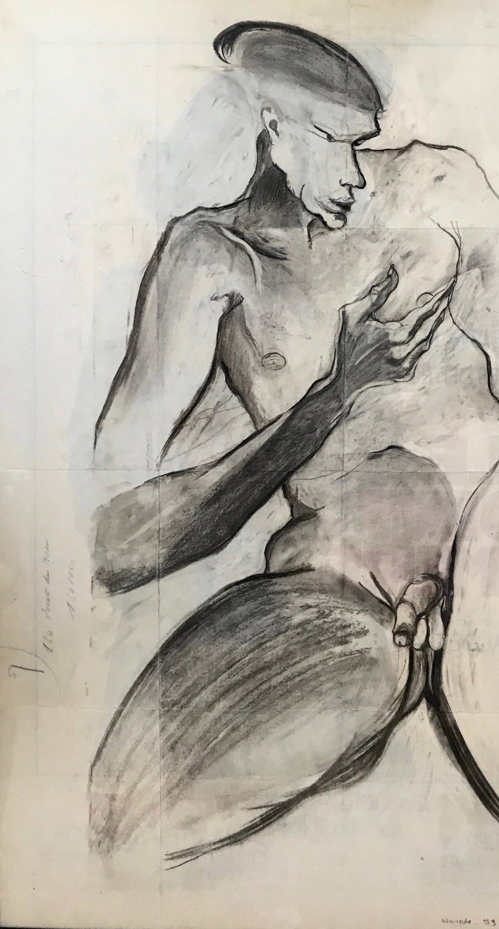 Daniel Hourde Nude Charcoal Figural Drawing 1979: Daniel Hourde (French, b. 1947). Anatomical nude charcoal drawing signed and dated with notations by the artist, Daniel Hourde, 1979. Charcoal drawing of a male human form possibly from the La Passere