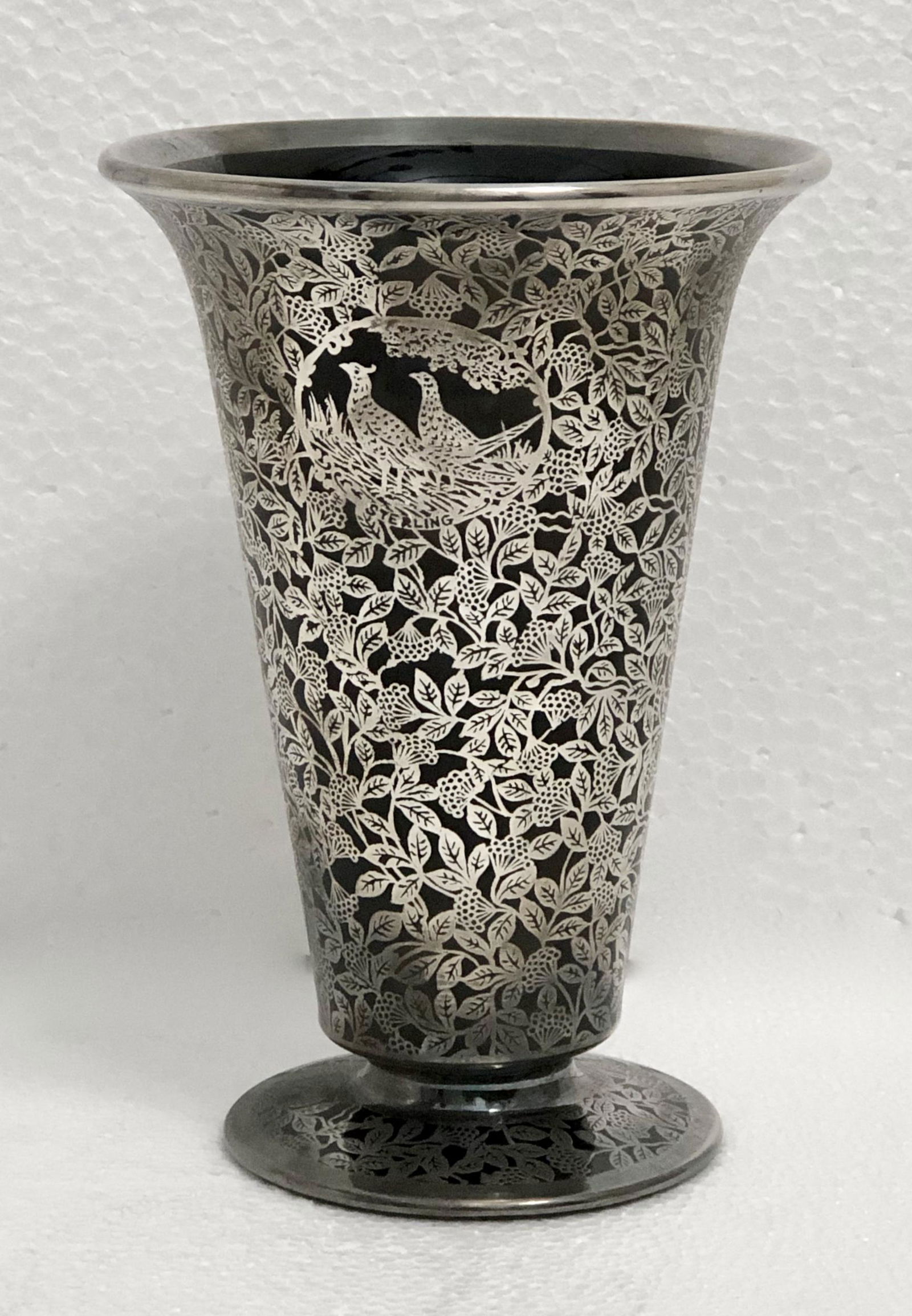 Art Nouveau Black Amethyst Glass Vase w/ Silver Overlay (1 of 6)