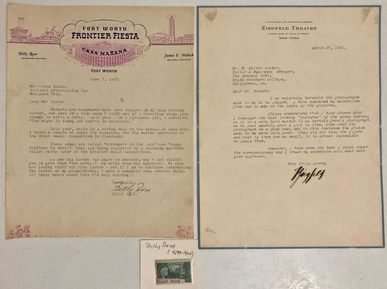 FLORENZ ZIEGFELD & BILLY ROSE Original Signed Letters: Theater memorabilia: ZIEGFELD THEATER (1931) & FRONTIER FIESTA (1937). Florenz Ziegfeld typed letter, on Ziegfeld Theater stationery hand-signed and dated: F Ziegfeld, New York, March 27, 1931. Ziegfe