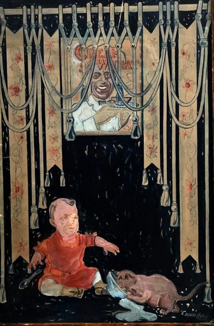 Original CREAM OF WHEAT Advertisement Painting, 1908: Original storefront wall display painting advertising CREAM OF WHEAT signed by the artist, Calvin G. Haley, 1908. Image of the classic Cream of a Wheat Man and a young child with cream of wheat smeare