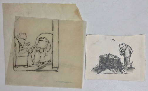 Original Arnold Lobel Published FROG & TOAD Drawings: Arnold Lobel (American, 1933-1987) author & illustrator. Two original Arnold Lobel published pencil sketches for his childrens books DAYS WITH FROG and TOAD & FROG AND TOAD ALL YEAR. 1) Original graph