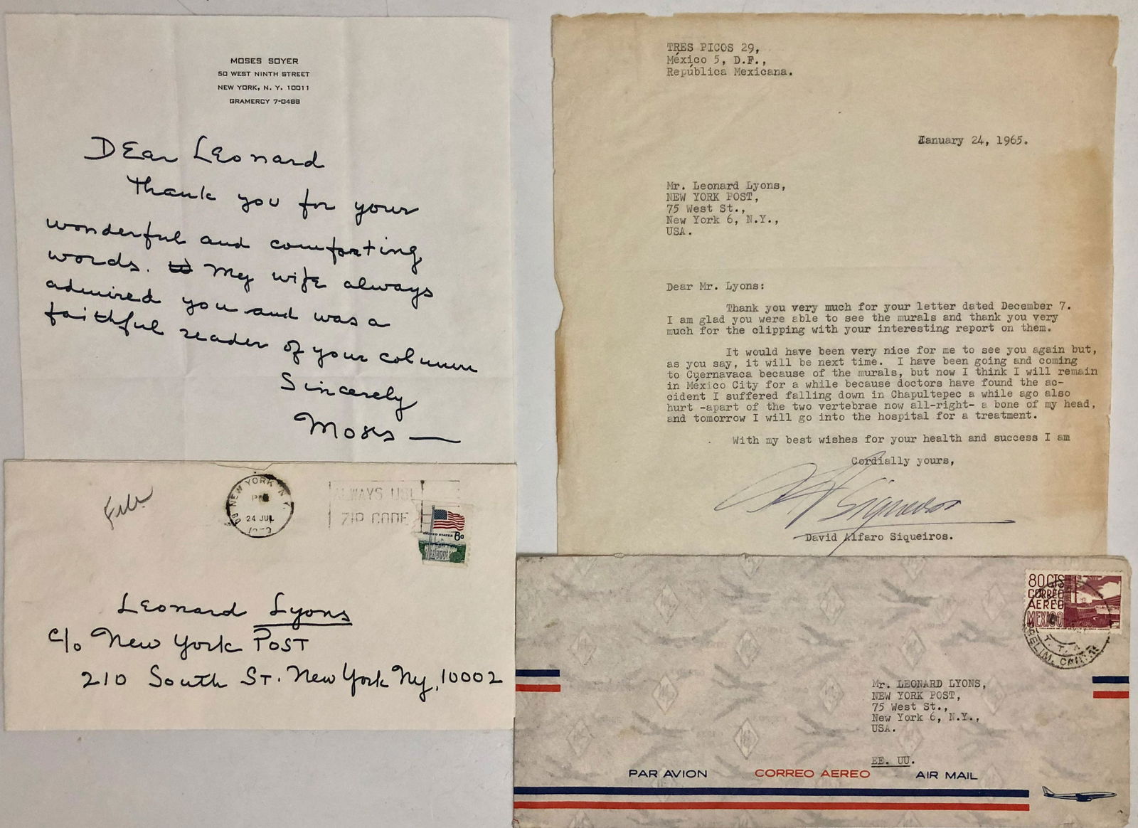 David Siqueiros & Moses Soyer Handwritten Letters: Original handwritten letters by the artists David Alfaro Siqueiros and Moses Soyer. 1) David Alfaro Siqueiros (Mexican, 1896-1974). Ink autographed typed letter and envelope from David Alfaro Siqueiro