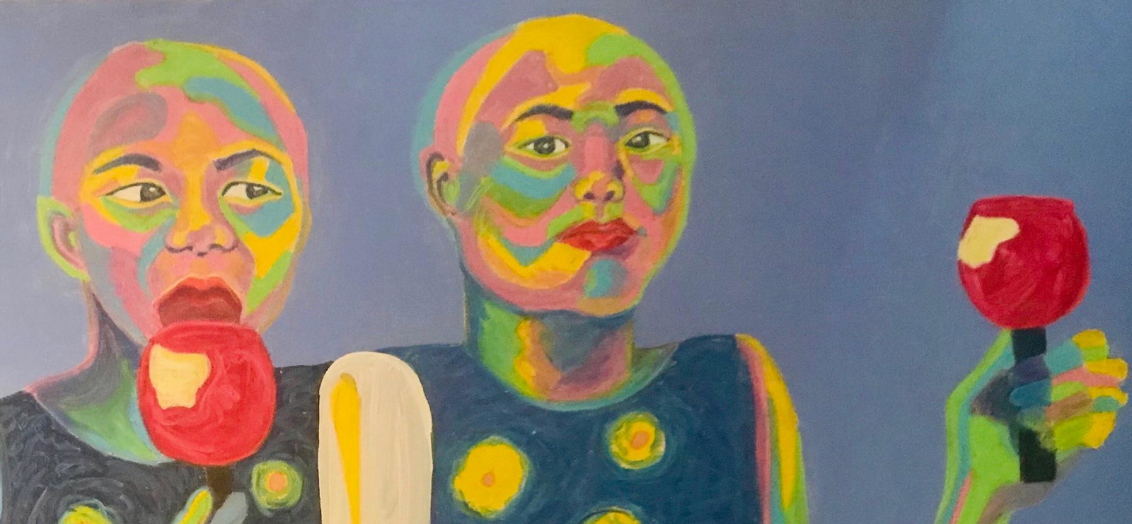 Whimsical Pop Art Painting JELLY APPLE TWINS 1970s: Original whimsical Pop Art oil painting JELLY APPLE TWINS c.1970s. Oil on canvas. Dimensions: 29 inches x 39 1/2 inches. Unsigned. Condition: good original estate condition, no repairs noted. Provenan