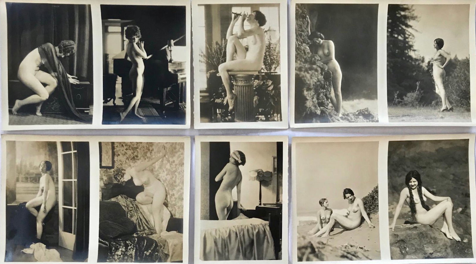 Risque Photography Collection: Erotic Female Nudes: Collection of ten vintage albumen gelatin silver prints of female nudes. Circa 1890-1910. Nude woman posing in various settings at home and outdoors. Photographer unknown. Dimensions: uncut panel of f