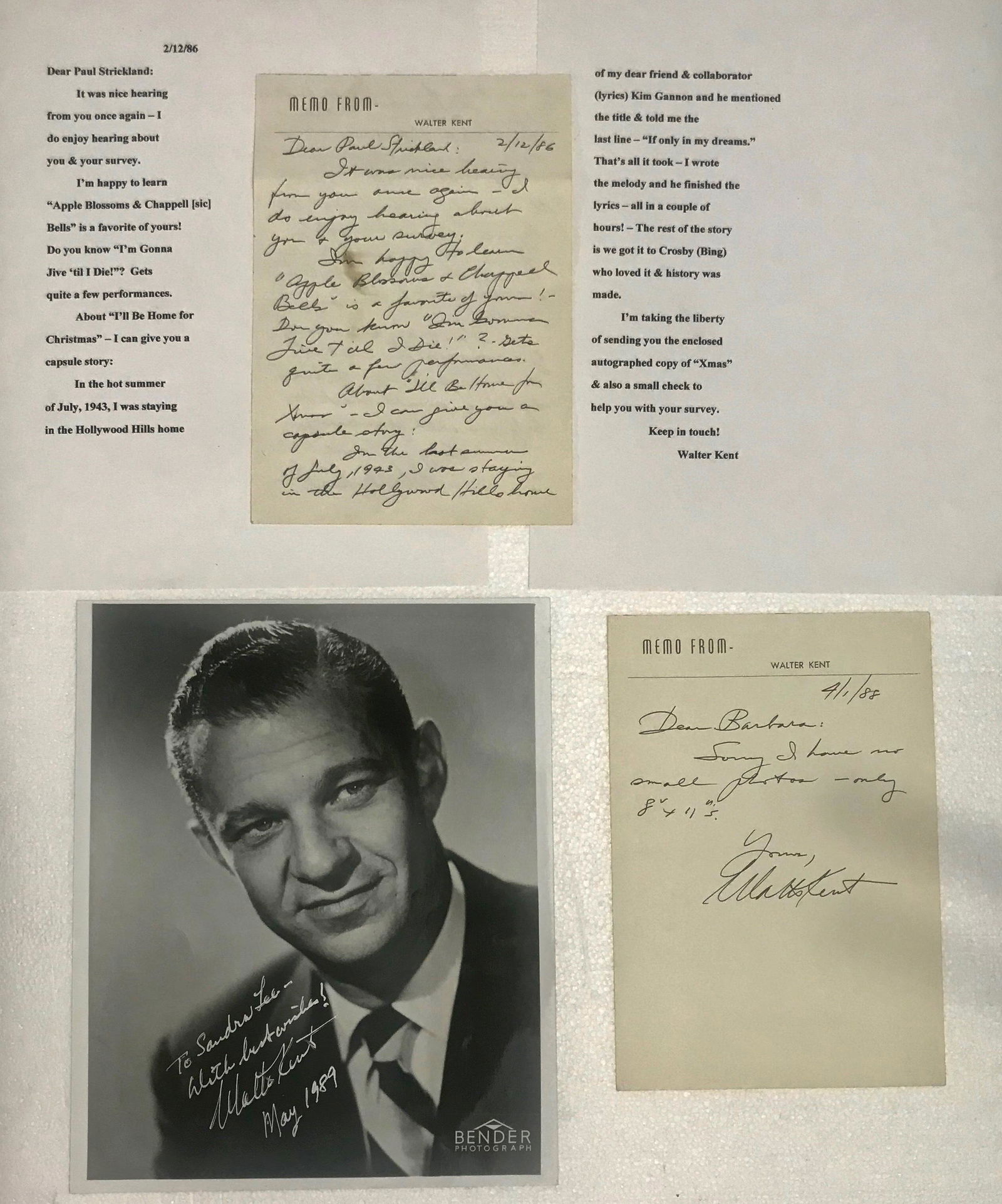 Walter Kent Inscribed Photo And Handwritten Letters (1 of 4)