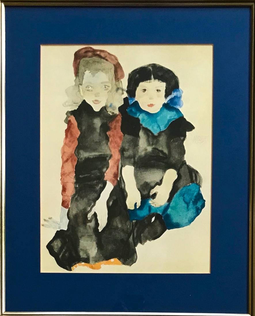 Egon Schiele (Austrian,1890-1918) Two Little Girls: Egon Schiele limited edition lithograph gouache, Two Little Girls. Numbered limited edition of 100 from the presses of Max Jaffe, Vienna, 1969 (view photo). Signed and dated in the matrix, Egon Schiel
