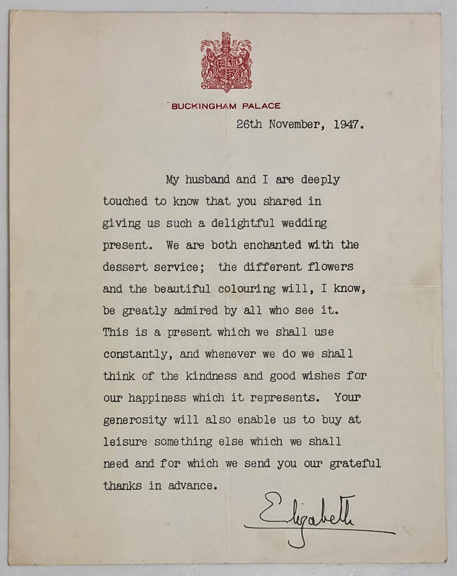 Elizabeth II Signed Letter Buckingham Palace 1947 (1 of 4)