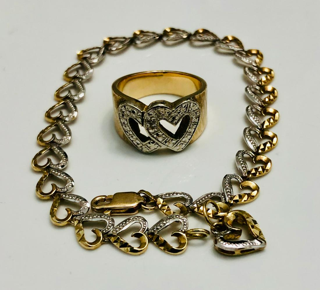 Vintage 14k Gold Heart Link Bracelet & Ring W/ Diamonds (1 of 3)