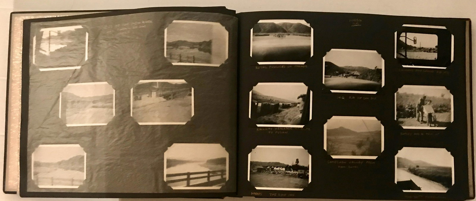 Soldier Photograph Album During The Korean War 1951: A soldier's original photograph album of life and military activity serving during the Korean War. Approximately 125 black and white photographs with handwritten personal descriptions accompanying pho