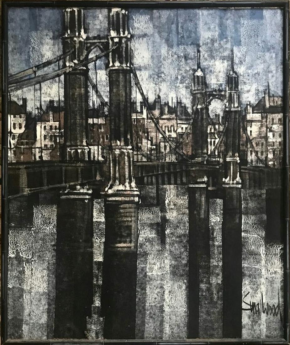 Mid-Century Urban Cityscape Skyline  Painting,Smallwood (1 of 4)