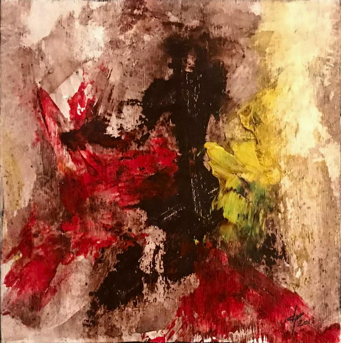 Vietnamese Abstract Painting BARCELONA 1, Nguyen Phuc: Nguyen Van Phuc (Vietnamese, b.1978). Modern Vietnamese abstract oil painting on wood panel, signed and titled by the artist, Phuc Nguyen BARCELONA 1 (view verso). Dimensions: 8 in. x 8 in. Condition: