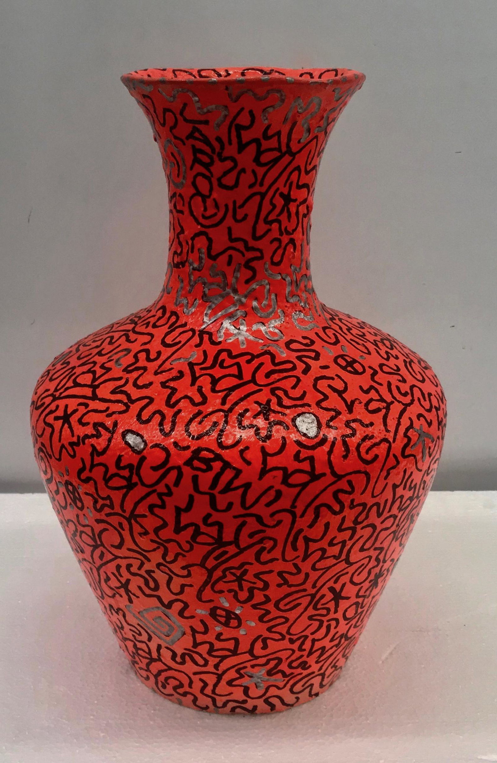 LA II (Angel Ortiz,1966) Urban Graffiti Vase LAROC: LA II graffiti painted DAY-GLO pottery vase, tagged throughout. Orange DAY-GLO paint, tagged with black and silver metallic paint markers. Dimensions: hgt: 15 3/4 in. x diameter (at widest point) 11 1