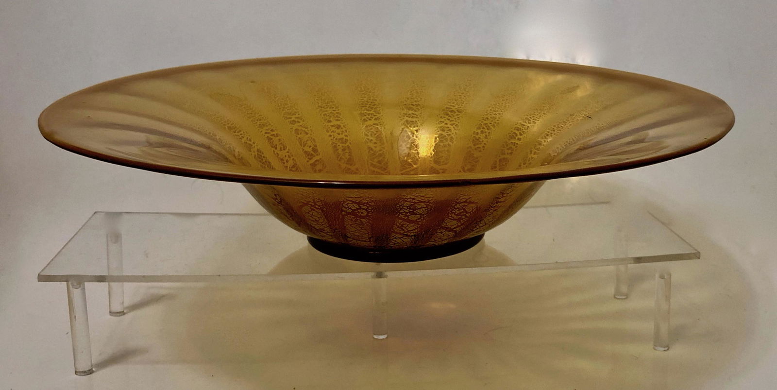 Andries Dirk Copier Amber Glass Serica Bowl,1928: Andries Dirk Copier (Dutch,1901-1991). A Leerdam Amber glass SERICA center bowl with crackle pattern, designed by Andries Dirk Copier, 1928. Bowl for Leerdam, signed from the Serica Series SERICA No 9
