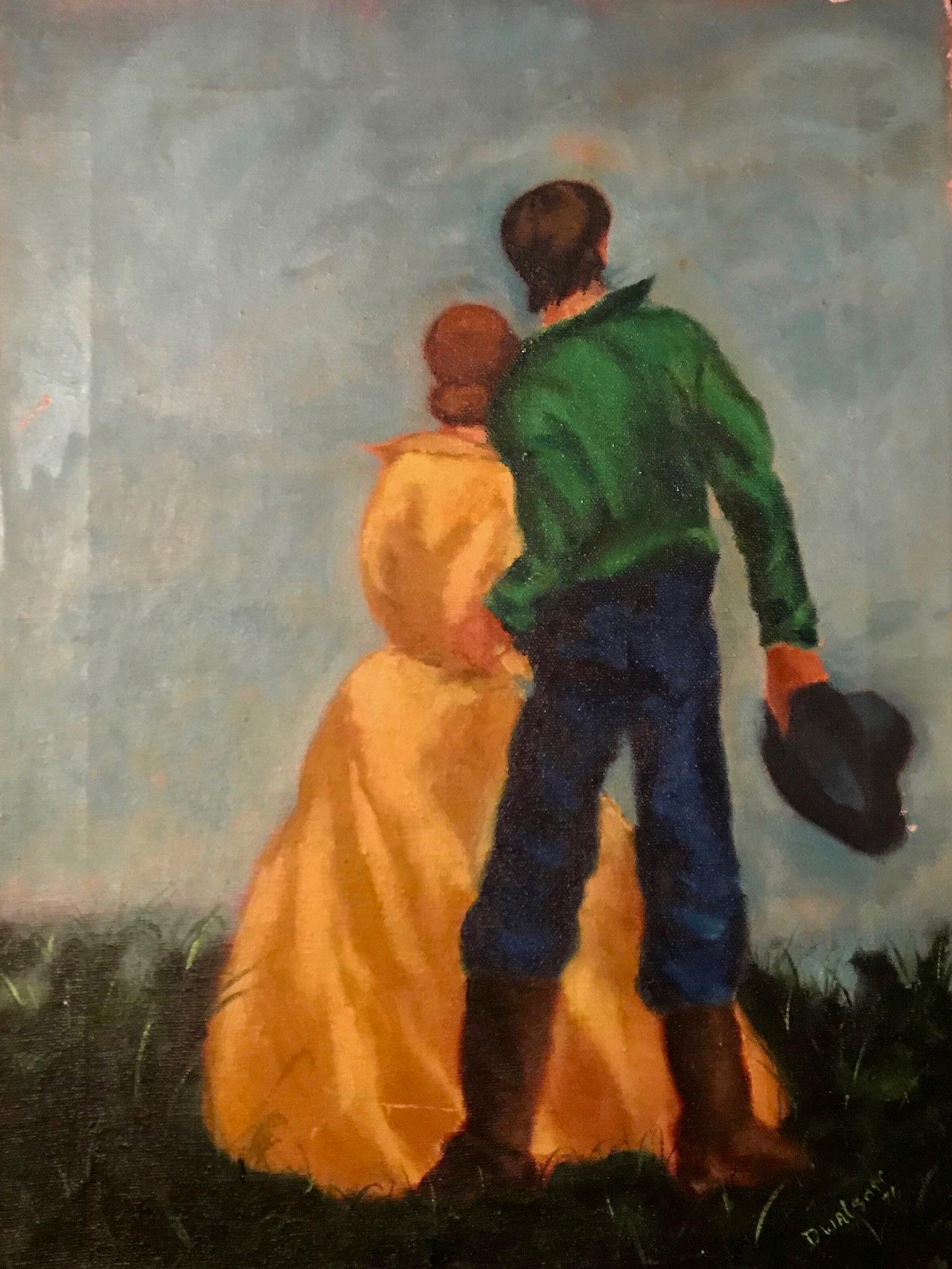 American West Homesteaders Painting Signed D. Watson: Homesteaders oil painting signed and dated by the artist, D. Watson, 1976 (lower right). Possibly an illustration painting. Oil on canvas. Dimensions: canvas: 12 in. x 15 3/4 in. Condition: good origi