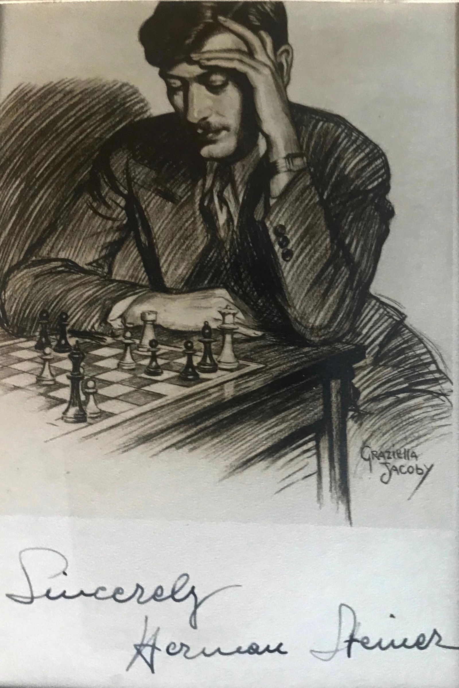 Graziella Jacoby Drawing Of HERMAN STEINER 1934: Graziella Jacoby (American/Czech, 1885-1980). Original pencil drawing by Graziella Jacoby of the Chess Master Herman Steiner-additionally pencil inscribed by Herman Steiner. Dated 1934. Graphite on pa