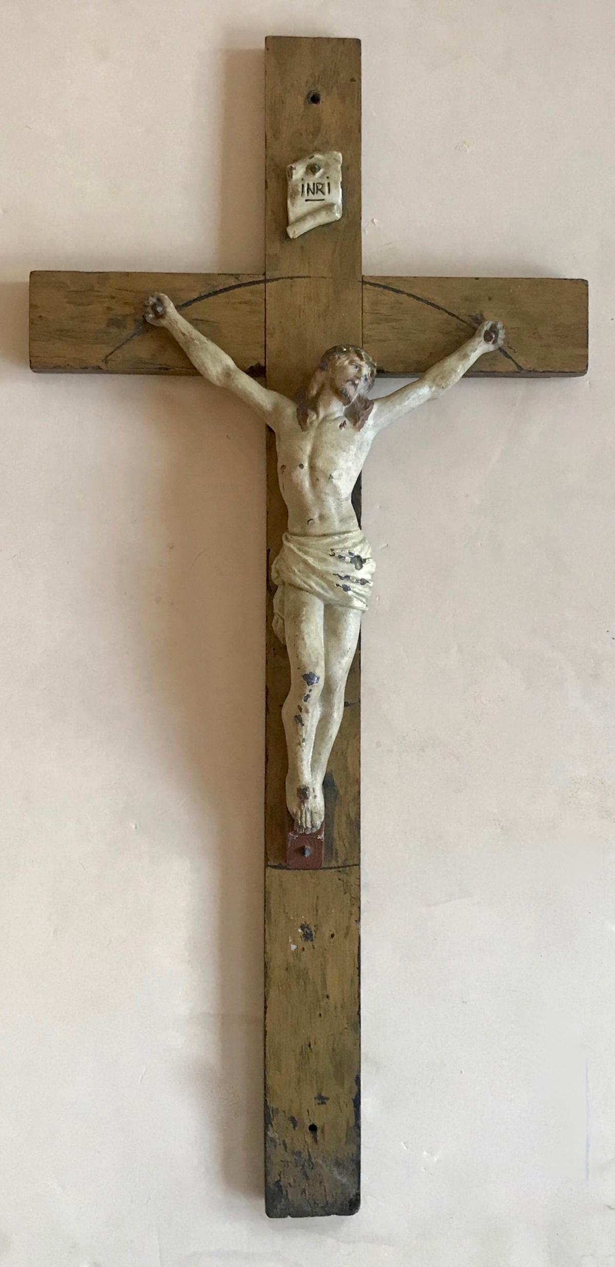 Large Wood Crucifix W/ Painted Metal Christ Corpus (1 of 3)